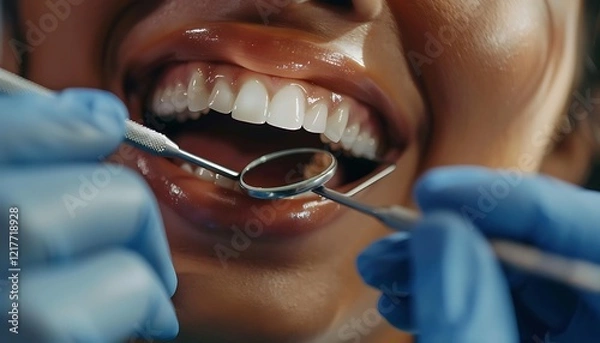 Fototapeta Close-up of a smiling black woman patient during a dental examination, with a dentist using a mirror and scaler for oral care, highlighting clean and healthy teeth.