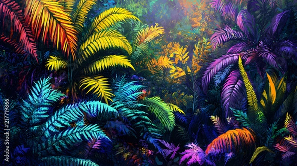 Fototapeta Dense foliage and vibrant colors in a shaded forest glade, ferns, whimsy. Shaded Glade. Illustration