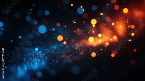 Fototapeta Blue and orange particles glow, dark background, abstract design, website banner