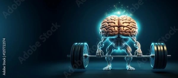 Fototapeta A creative depiction of a brain with a muscular body lifting heavyweights, representing the power of intelligence and mental strength combined with physical endurance. Mental health, web banner.