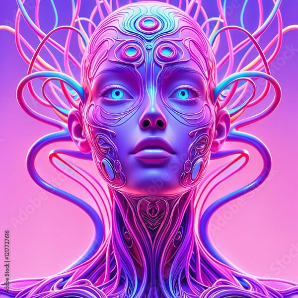 Fototapeta A stylized, futuristic female figure with intricate purple and pink designs on her face and body, set against a plain background.