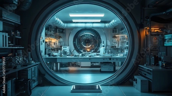 Obraz Detailed View of a High-Technology Vacuum Chamber Laboratory with an Expansive Thick-Walled Window