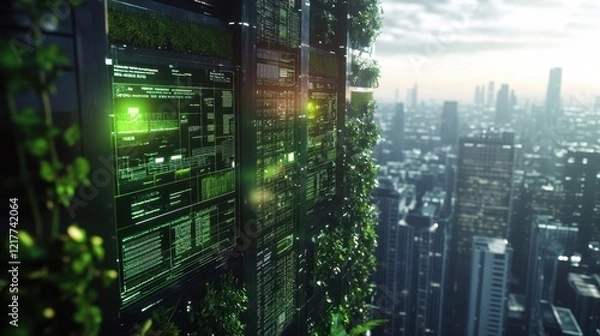 Obraz Futuristic green computing center with holographic digital screens displaying environmental data analysis and monitoring systems, promoting sustainable practices in a smart city environment