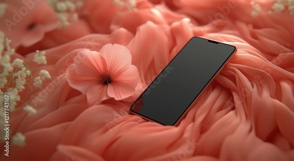 Obraz Smartphone on a pink background of flowers and fabrics