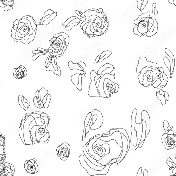 Obraz seamless lineart roses pattern, background with scattered roses, scrabble