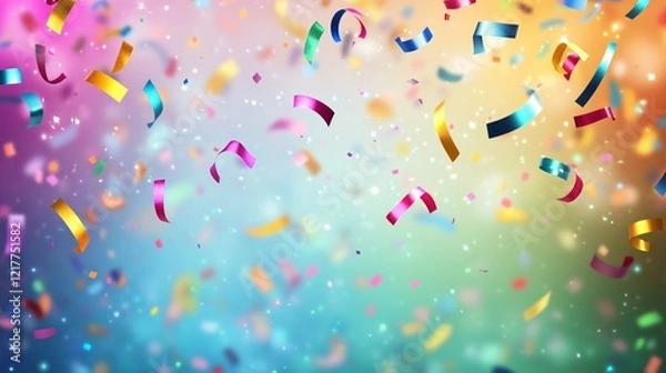 Obraz A vibrant explosion of colorful confetti in shades of pink, gold, and blue, set against a dreamy gradient background.