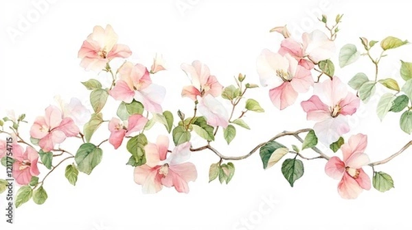 Fototapeta Delicate pink bougainvillea flowers gracefully intertwine with lush green leaves, creating a soft, romantic atmosphere.