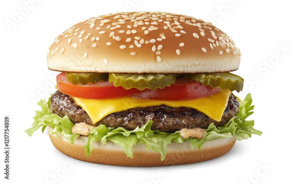Fototapeta Juicy cheeseburger with a sesame seed bun, fresh lettuce, melted cheddar, tomato slices, pickles, and a grilled beef patty topped with creamy sauce, isolated on white background