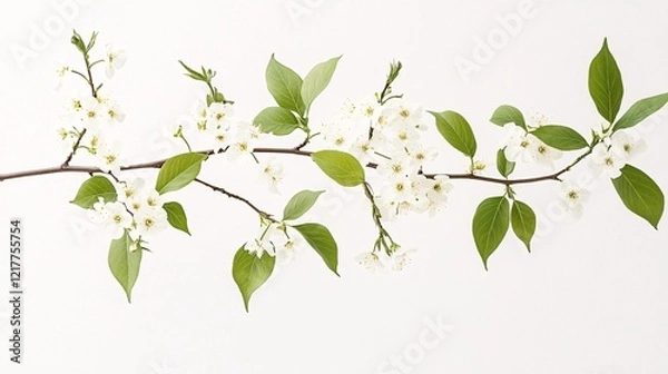 Fototapeta A delicate branch featuring white blossoms and vibrant green leaves set against a clean white background.