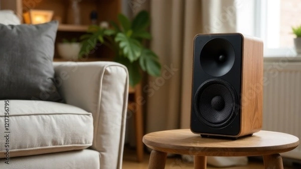 Fototapeta A wooden speaker sits on a small table in a cozy living room setting. Concept of: Modern home audio.