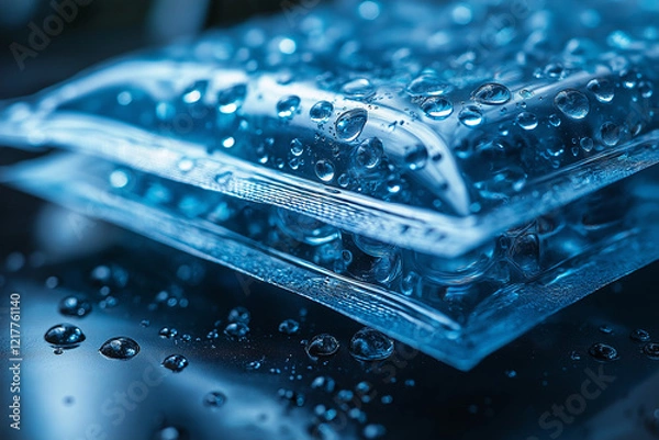 Fototapeta Close-up of a gel ice pack with water droplets on its surface, reflecting light in a cool setting