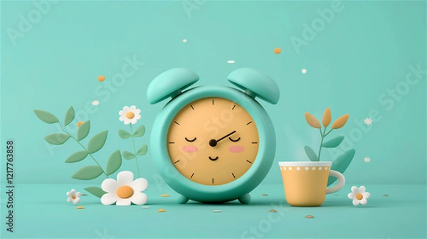 Obraz An alarm clock featuring a smiley face design is placed right next to a steaming cup of freshly brewed coffee, a beautiful arrangement of flowers