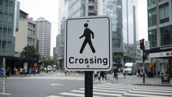 Fototapeta Modern urban Crossing sign at busy intersection with skyscrapers backdrop