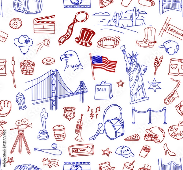 Fototapeta Hand-drawn doodle collection of the different American objects, buildings and signs. Line art icons pattern.