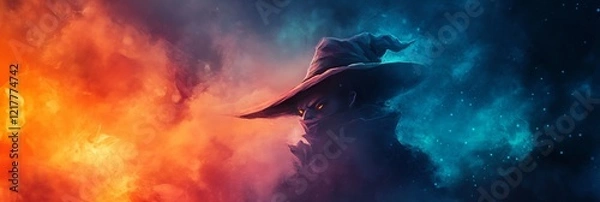Fototapeta a wizard standing in the middle of a cloud filled sky with a hat on his head