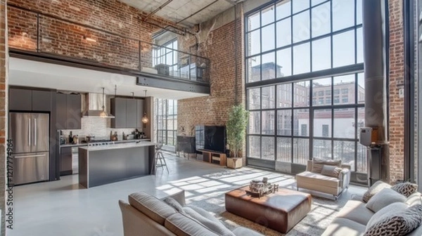 Fototapeta A modern loft apartment with exposed brick walls, large windows, and industrial-style lighting