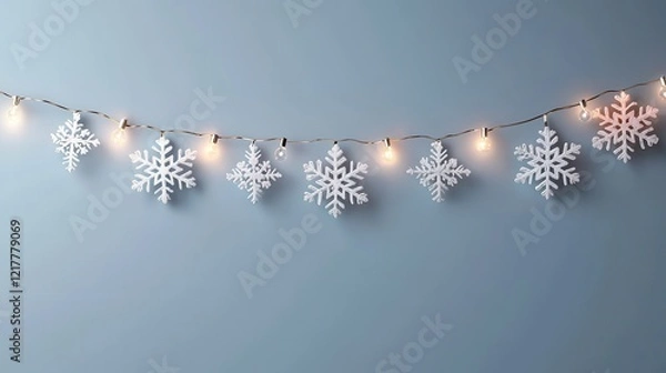Fototapeta A string of lit snowflakes decorates a pale blue wall, creating a cozy winter ambiance.