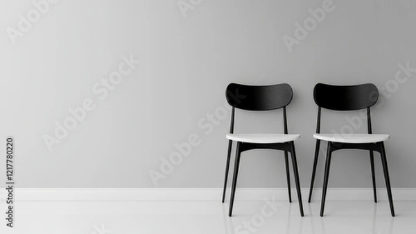 Fototapeta Two black and white chairs against a gray wall.