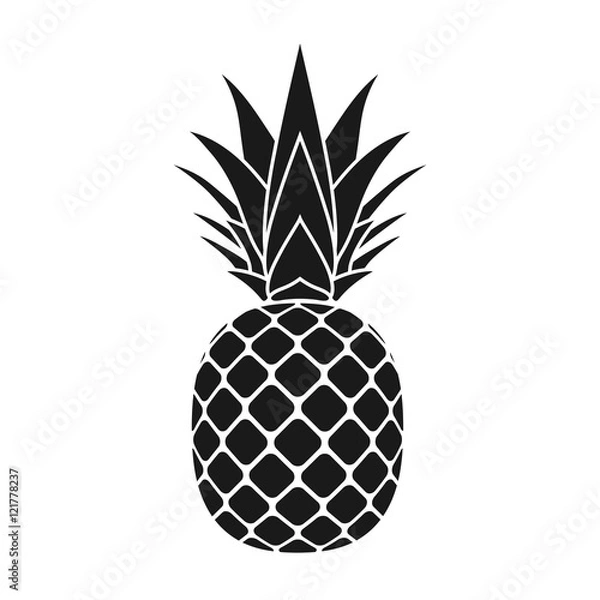 Fototapeta Ananas z ikoną liści. Owoce tropikalne na białym tle. Symbol jedzenia, słodki, egzotyczny i letni, witaminowy, zdrowy. Deser z logo natury. Płaska koncepcja. Element projektu ilustracji wektorowych