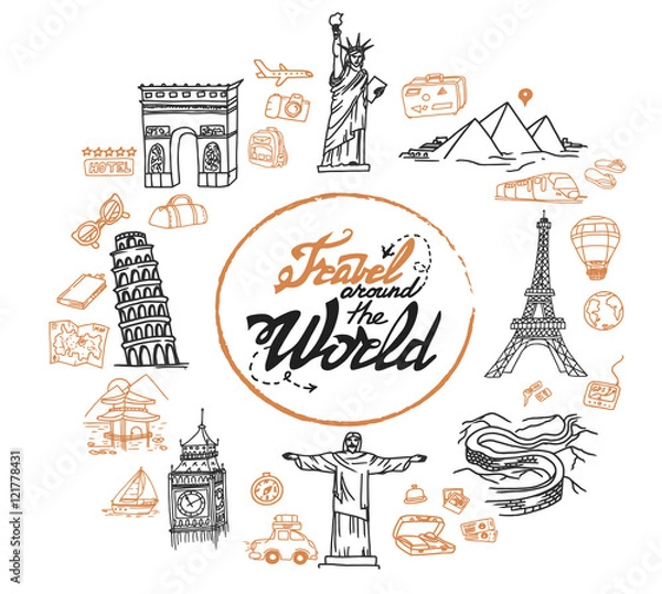Fototapeta Hand-drawn doodle frame with different travel objects, sights and buildings: Eiffel Tower, Big Ben, Great China Wall, Pyramids, etc. Line art round frame