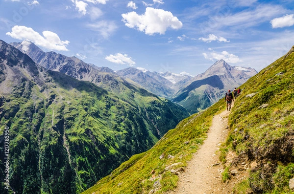 Obraz Panorama trail of Vent in the Oetztal Nature Reserve, Austria – This trail is part of the long distance hiking trail E5 crossing the European Alps from Germany to Italy. 