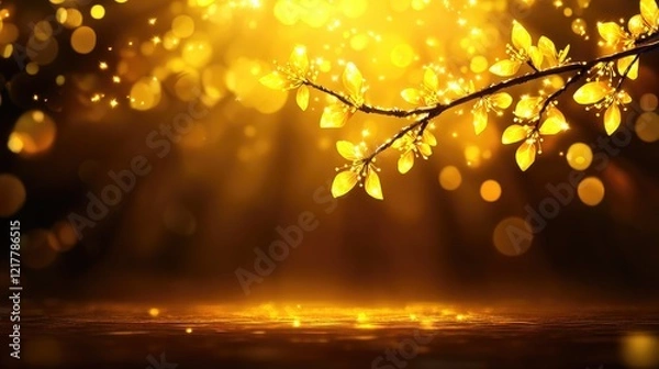 Fototapeta Golden leaves illuminated by soft light, creating a warm and serene atmosphere.