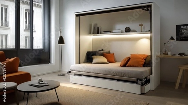 Fototapeta A stylish studio apartment with a foldable bed and multi-functional furniture