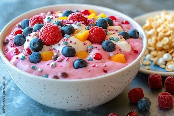 Fototapeta smoothie bowl topped with fruits next to a bowl of sugary cerea