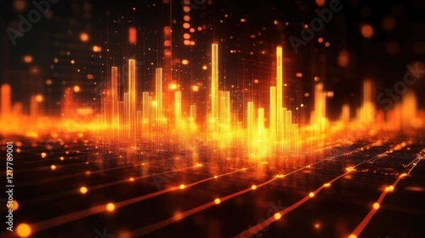 Fototapeta Abstract digital visualization of sound waves in vibrant orange and gold tones.