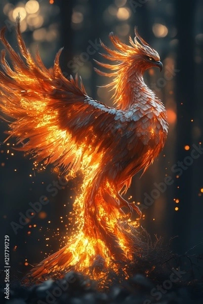 Fototapeta hoenix illuminated by blazing fire spreads majestic wings, phoenix bird evokes mythical allure and captivating beauty, symbolizing rebirth and strength. Fiery radiance concept mythical bird
