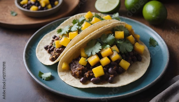 Fototapeta black bean tacos with mango salsa and cilantro