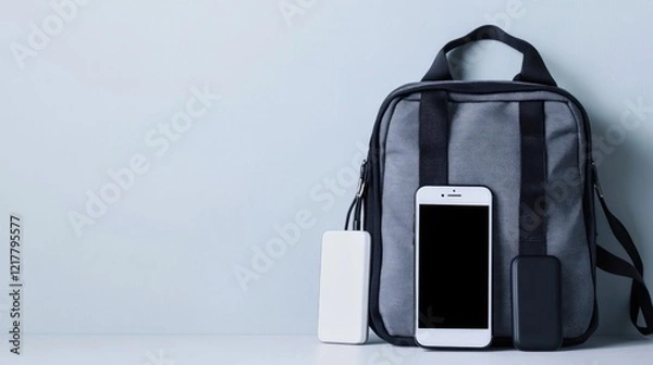 Fototapeta A gray bag with a smartphone and two power banks on a light background.