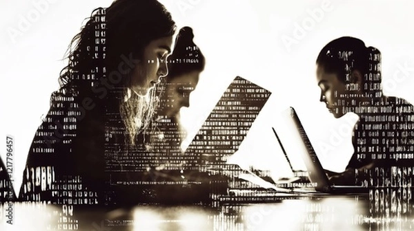 Obraz A group of women are sitting at a table with their laptops open. Double exposure