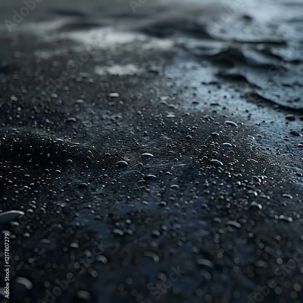 Fototapeta Atmospheric macro shot of water droplets on dark reflective surface creates moody ambiance, perfect for backgrounds, weather concepts, and minimalist design projects.