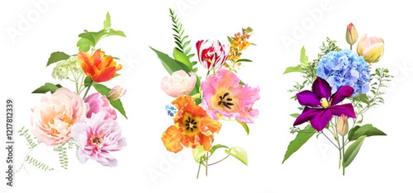 Obraz Bright tulip flowers, roses, pink peony, hydrangea, greenery and branches Easter vector bouquets. Floral bold colored watercolor. Blooming garden. Easter florals. Elements are isolated and editable