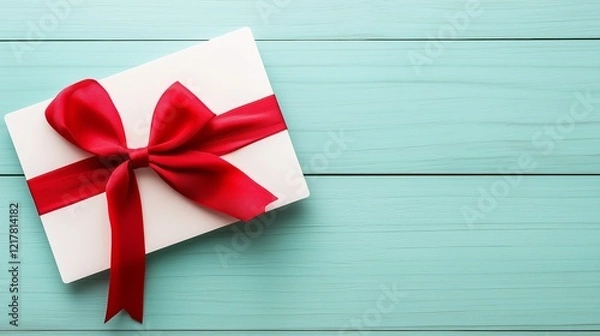 Fototapeta Gift card designed in a festive style on a blue wooden surface with space for text