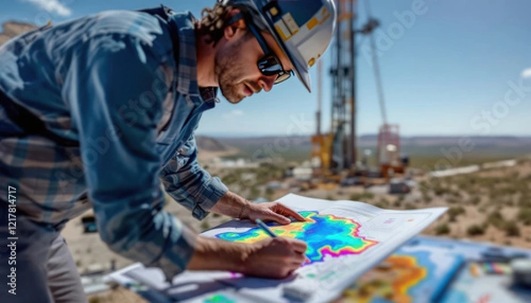 Fototapeta Geologist Working on a Topographical Map at an Oil Drilling Site