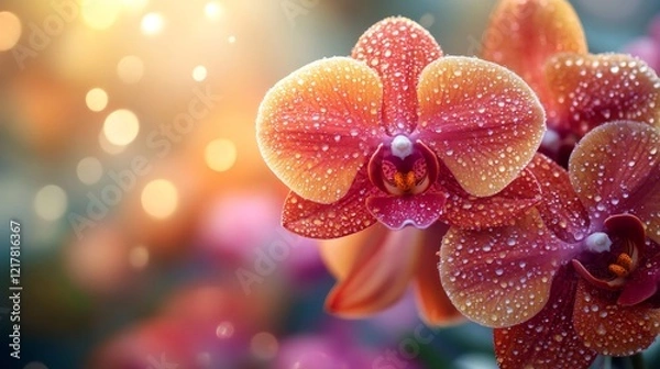 Obraz Close up of beautiful blooming orange orchid flowers with water drops in a garden