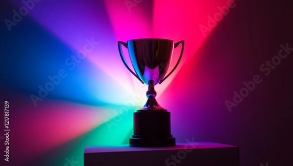 Fototapeta A vibrant, multi-hued trophy perches on a dark base with a white backdrop. Its iridescent sheen represents achievement and success