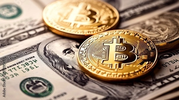 Fototapeta This image showcases shiny Bitcoin coins displayed on a background of US dollar bills, symbolizing the intersection of traditional finance and digital currency innovation.