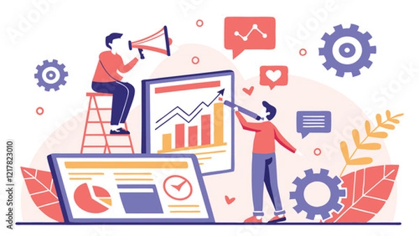 Fototapeta Digital Marketing Professional Analyzing Graphs with Social Media Icons and Creative Tools in a Vibrant and Modern Vector Illustration for Online Campaigns and Business Branding