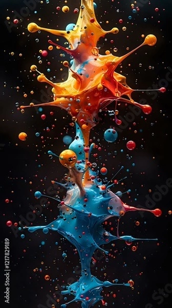 Fototapeta Dynamic liquid art photography featuring orange and blue paint collision with floating spherical droplets against black background, perfect for creative design projects.