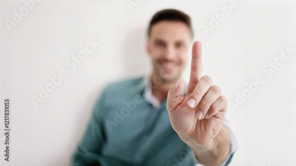 Fototapeta Man Hand Gesture or Pointing at Smartphone Display for Attention playful 