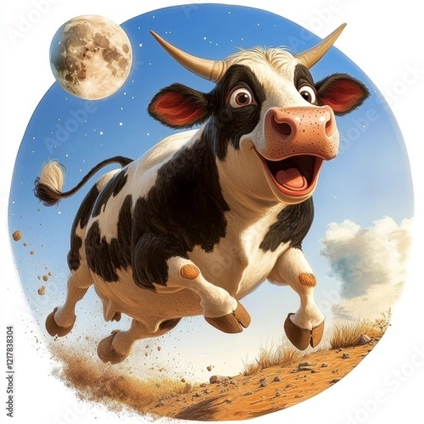 Fototapeta Cartoon Cow Leaping Over Moon, whimsical design featuring a playful cow soaring against a crisp white backdrop, vibrant and engaging illustration