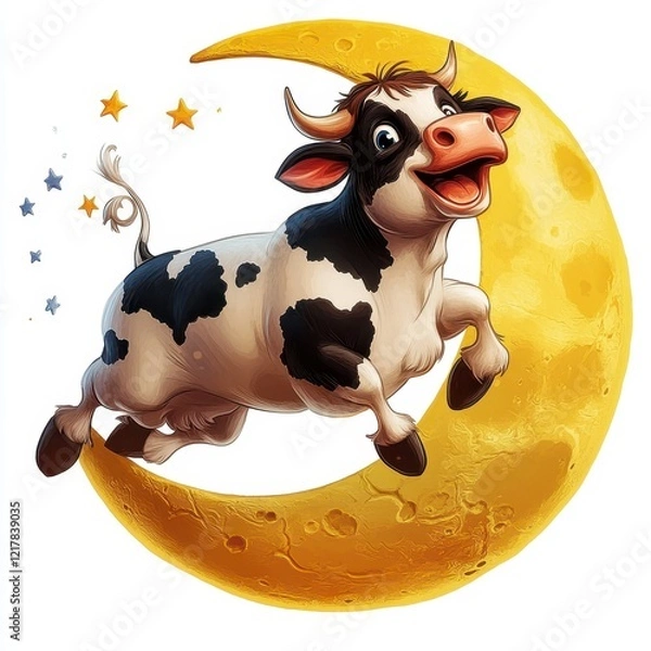 Fototapeta Playful cow leaps over the moon against a crisp white background, vibrant colors and intricate details enhance the whimsical scene