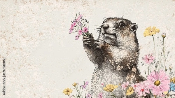 Fototapeta Groundhog holding flowers among blooming wildflowers in nature scene with copy space. Happy Groundhog Day.