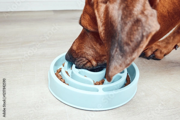 Fototapeta Slow feeder dog bowl. Close-up view of dog eating from slow feeder bowl. 