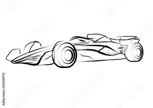 Fototapeta Line art sketch of sports Formula car 2024, side view. Vector line drawing for brochure or t-shirt print.