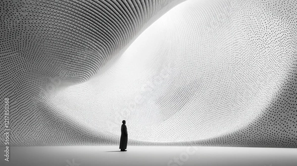 Fototapeta Futuristic abstract architecture interior with dotted ceiling and silhouette of person observing minimalist curved design in expansive space