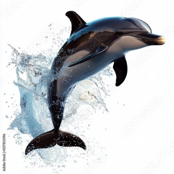 Fototapeta Playful Dolphin Leap, vibrant 2D cartoon depiction of a dolphin joyfully jumping from water against a crisp white backdrop, intricately detailed design